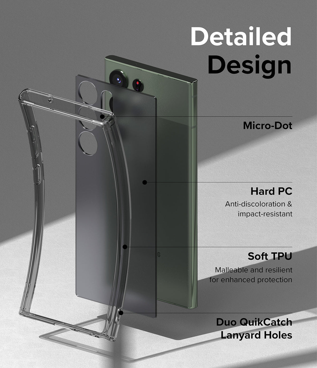 Galaxy S23 Ultra Case | Fusion - Exploded view of a clear phone case highlighting micro-dots, hard PC, soft TPU, and lanyard holes.