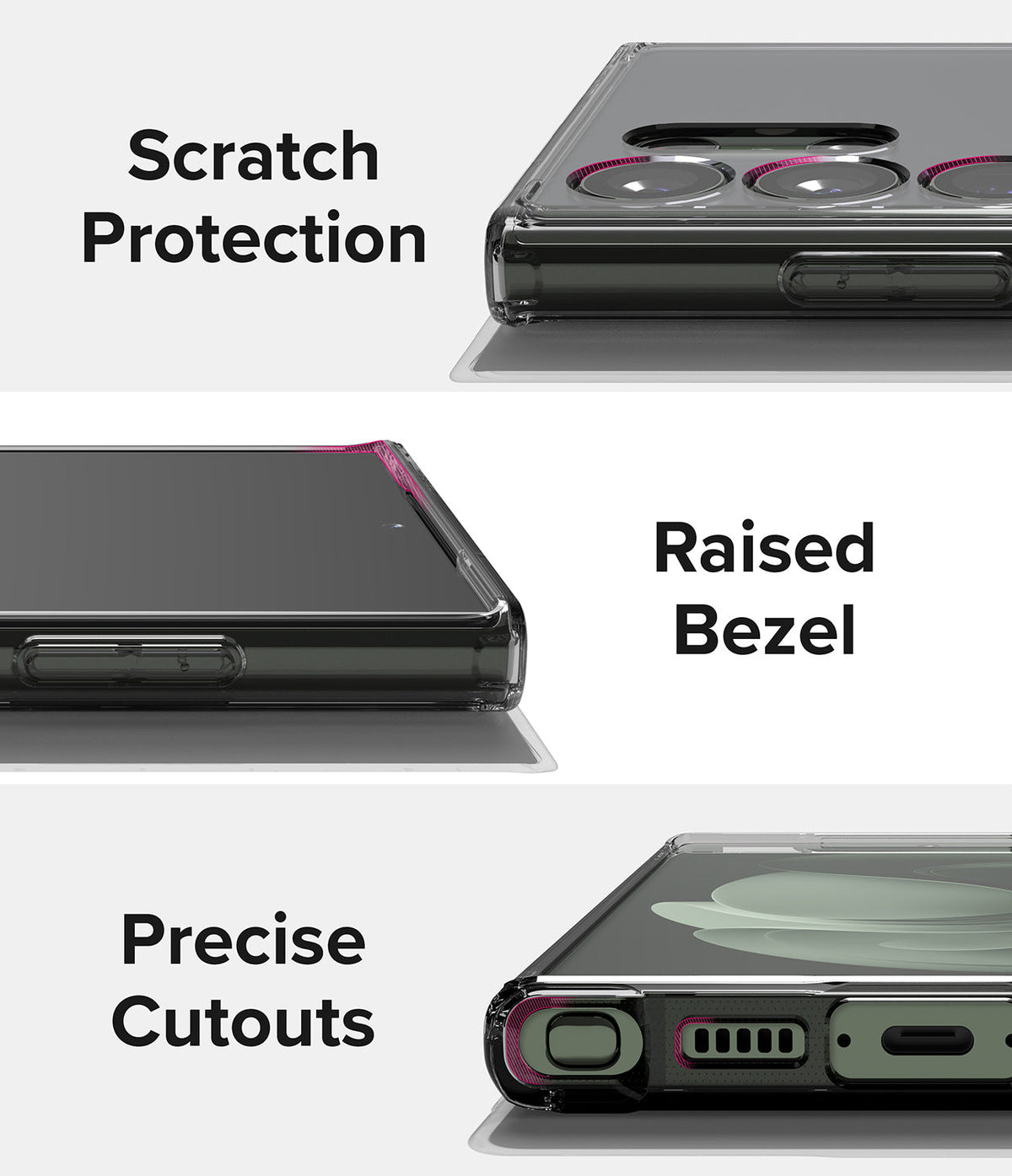 Galaxy S23 Ultra Case | Fusion - Three close-up views highlighting scratch protection, raised bezels, and precise cutouts.