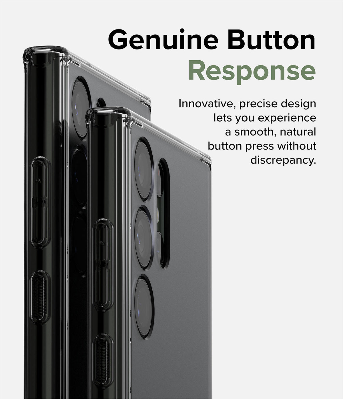 Galaxy S23 Ultra Case | Fusion - Close-up of two Galaxy S23 Ultra phones in clear cases highlighting precise side button design.