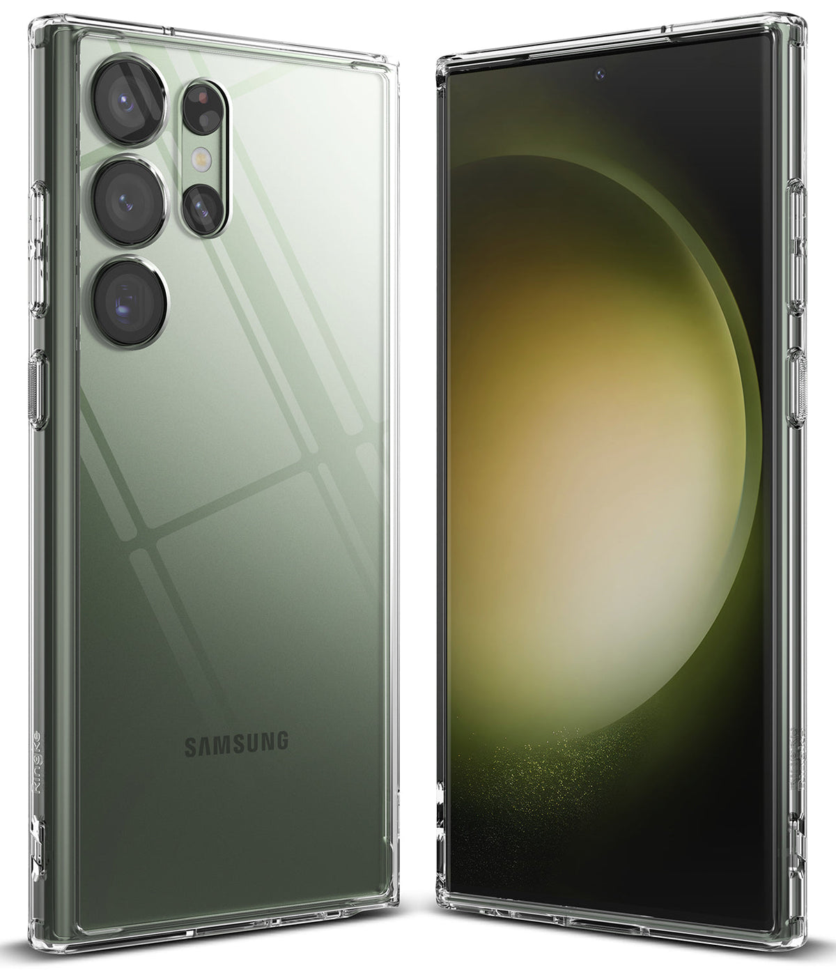 Galaxy S23 Ultra Case | Fusion - Clear protective case on a green Samsung Galaxy S23 Ultra, showing front and back views.