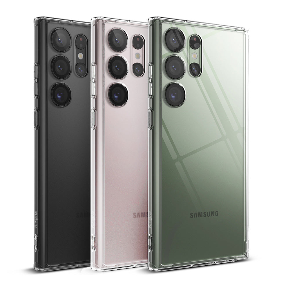 Galaxy S23 Ultra Case | Fusion - Three Galaxy S23 Ultra phones in black, pink, and green, each wearing a clear Fusion case.