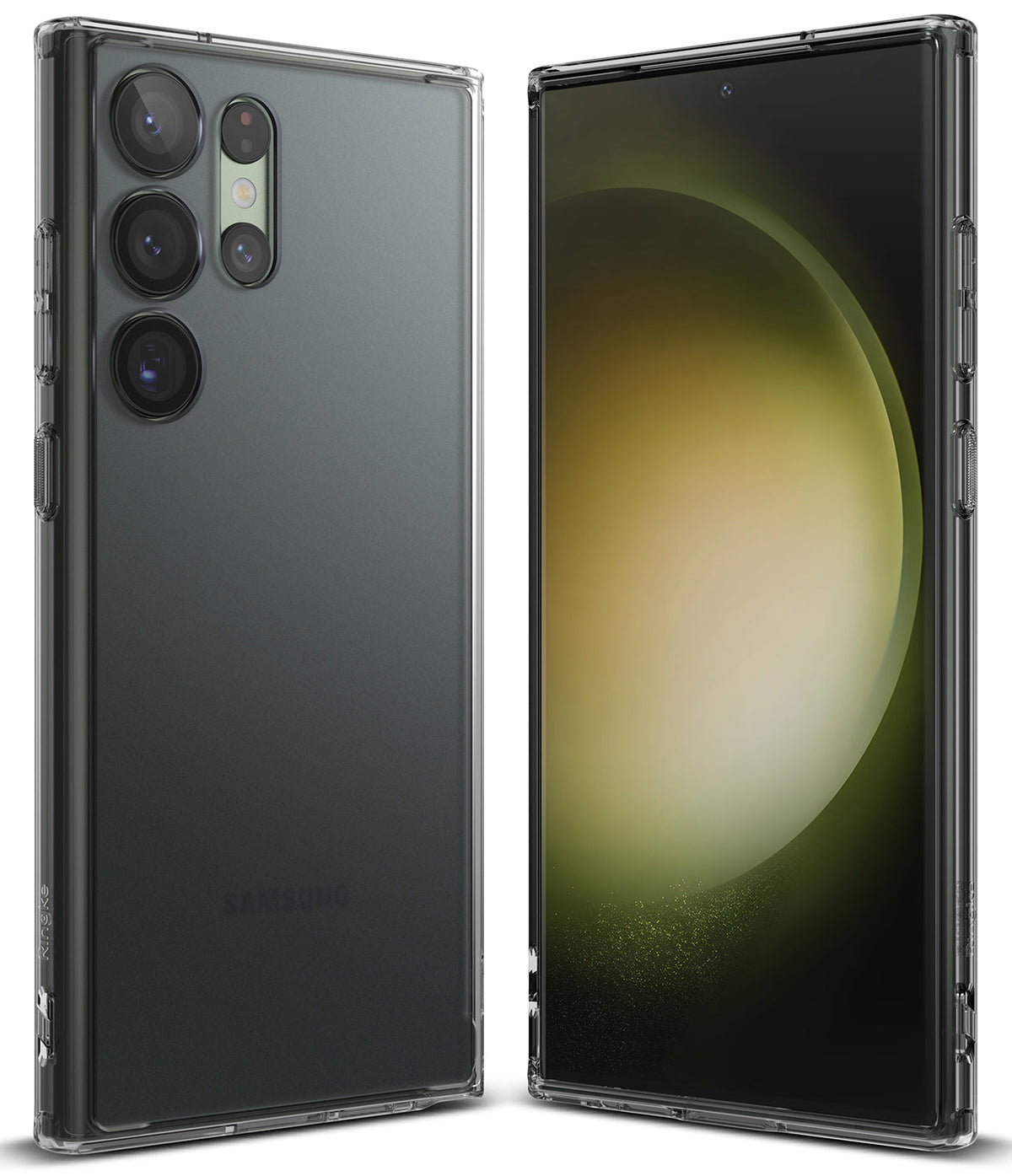 Galaxy S23 Ultra Case | Fusion - Front and back views of a Samsung Galaxy S23 Ultra in a clear protective case.