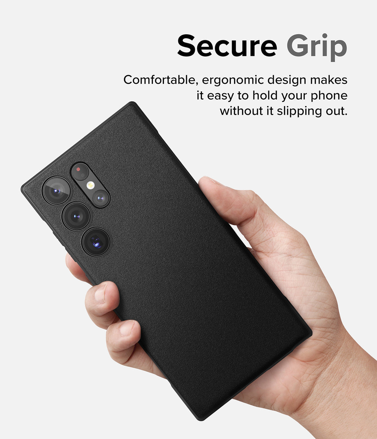 Galaxy S23 Ultra Case | Onyx - A hand holding a black textured phone case with a camera cutout against a white background.