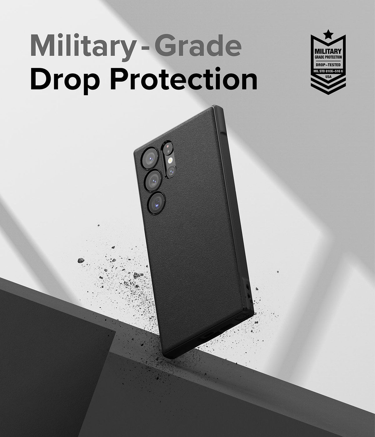Galaxy S23 Ultra Case | Onyx - Black textured phone case floating against a light background with military-grade protection badge.