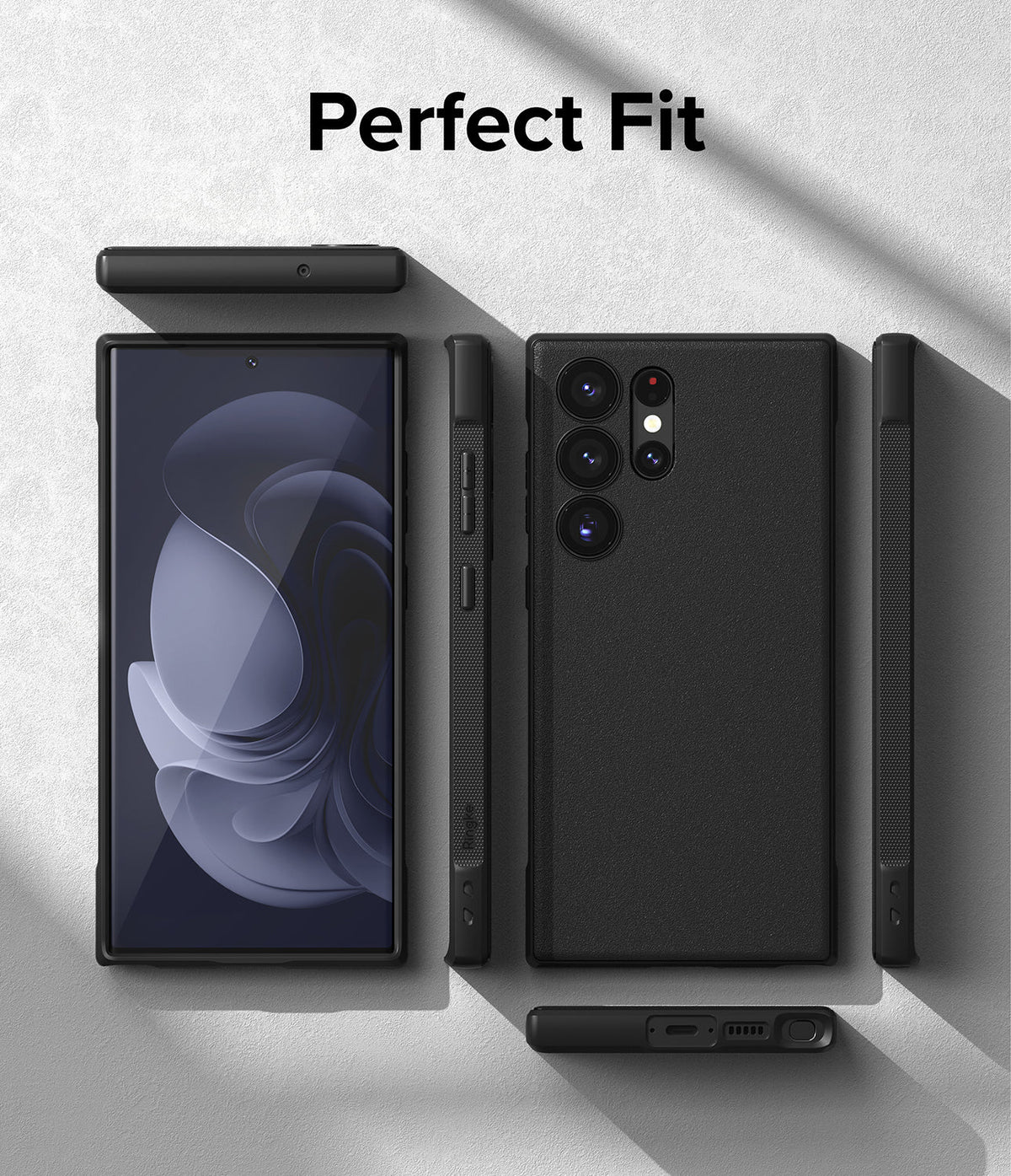 Galaxy S23 Ultra Case | Onyx - Black phone case shown from front, back, and side angles on a textured gray background.