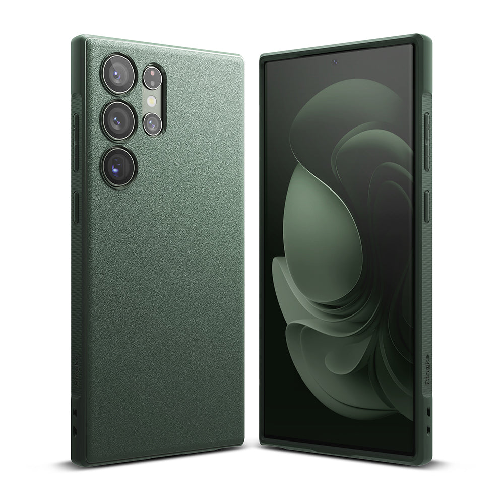 Galaxy S23 Ultra Case | Onyx - Textured dark green phone case shown from back and front angles on a white background.