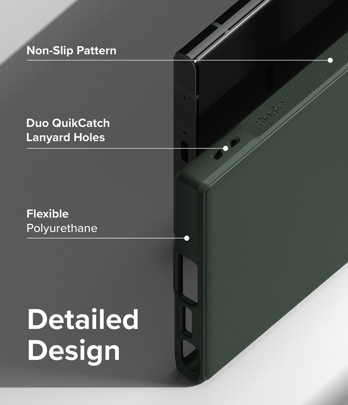 Galaxy S23 Ultra Case | Onyx - Dark green phone case highlighting non-slip texture, lanyard holes, and flexible material.