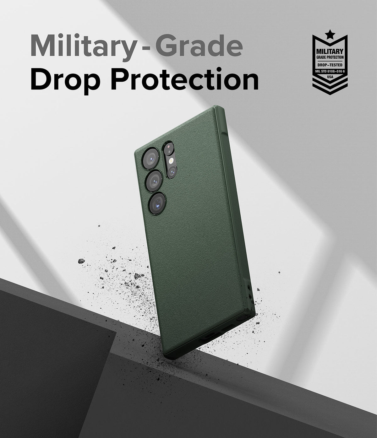 Galaxy S23 Ultra Case | Onyx - Dark green phone case floating above a surface with military-grade drop protection text.
