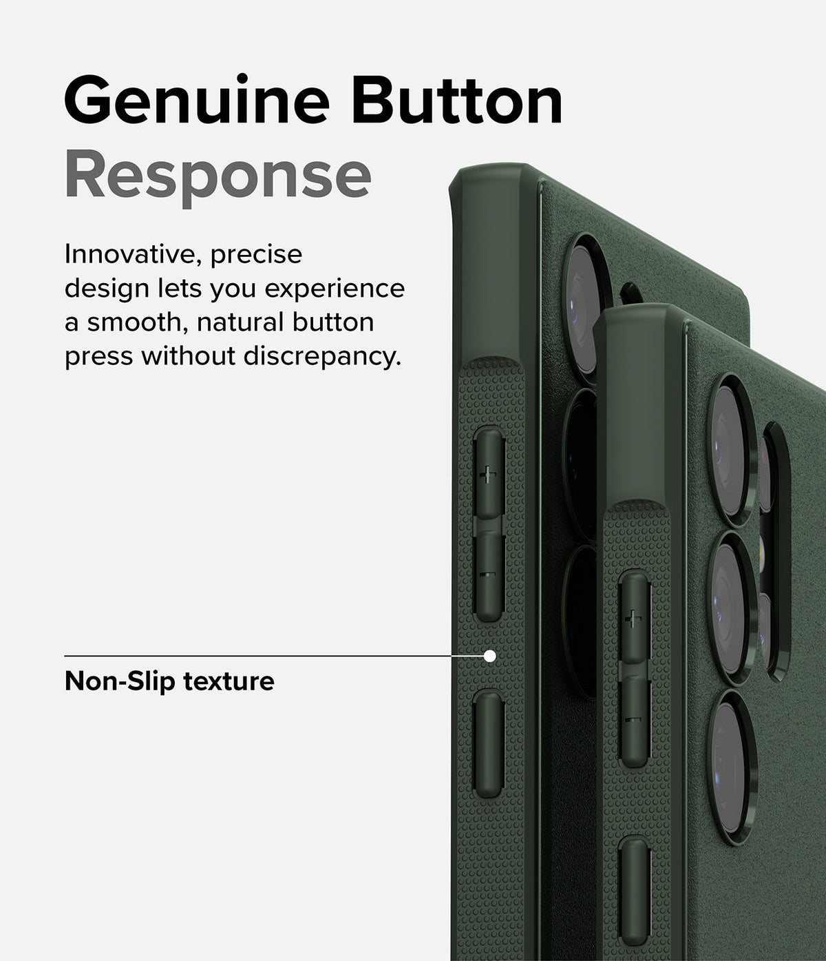 Galaxy S23 Ultra Case | Onyx - Close-up of dark green phone case buttons and textured side grip on a Galaxy S23 Ultra.