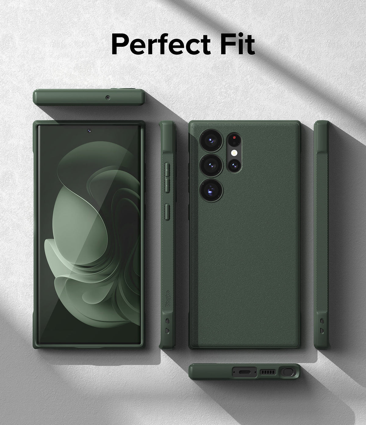 Galaxy S23 Ultra Case | Onyx - Multiple views of a dark green phone case showing precise cutouts and textured finish.