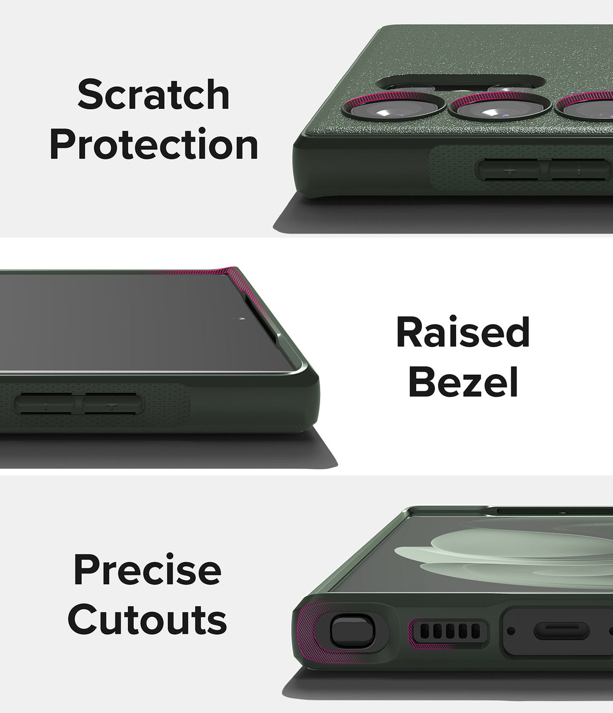 Galaxy S23 Ultra Case | Onyx - Three close-up views showing scratch protection, raised bezels, and precise port cutouts.