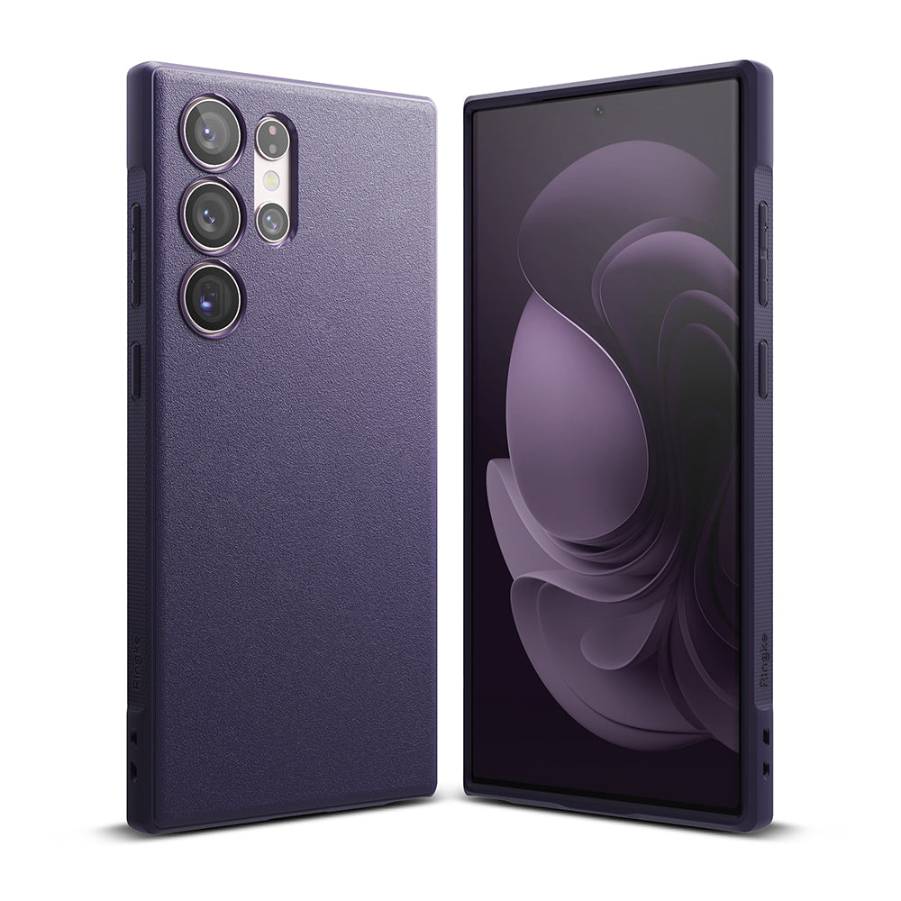 Galaxy S23 Ultra Case | Onyx - Purple textured phone case shown from back and front angles against a white background.