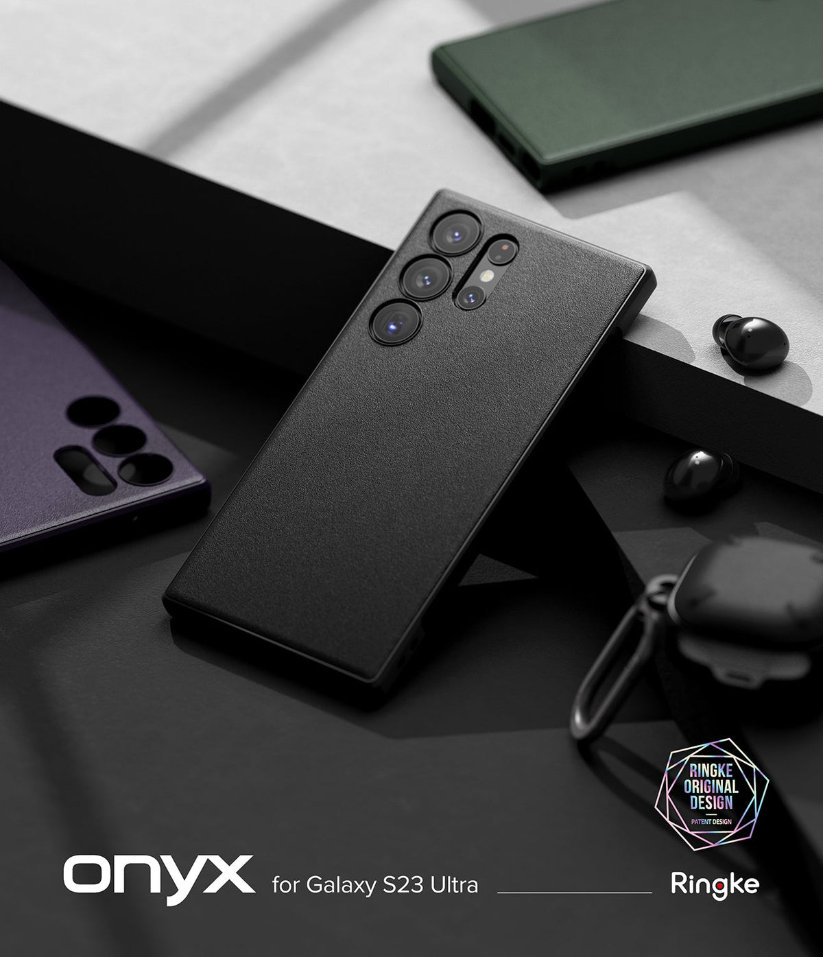 Galaxy S23 Ultra Case | Onyx - Black textured phone case for Galaxy S23 Ultra on a geometric surface with accessories.