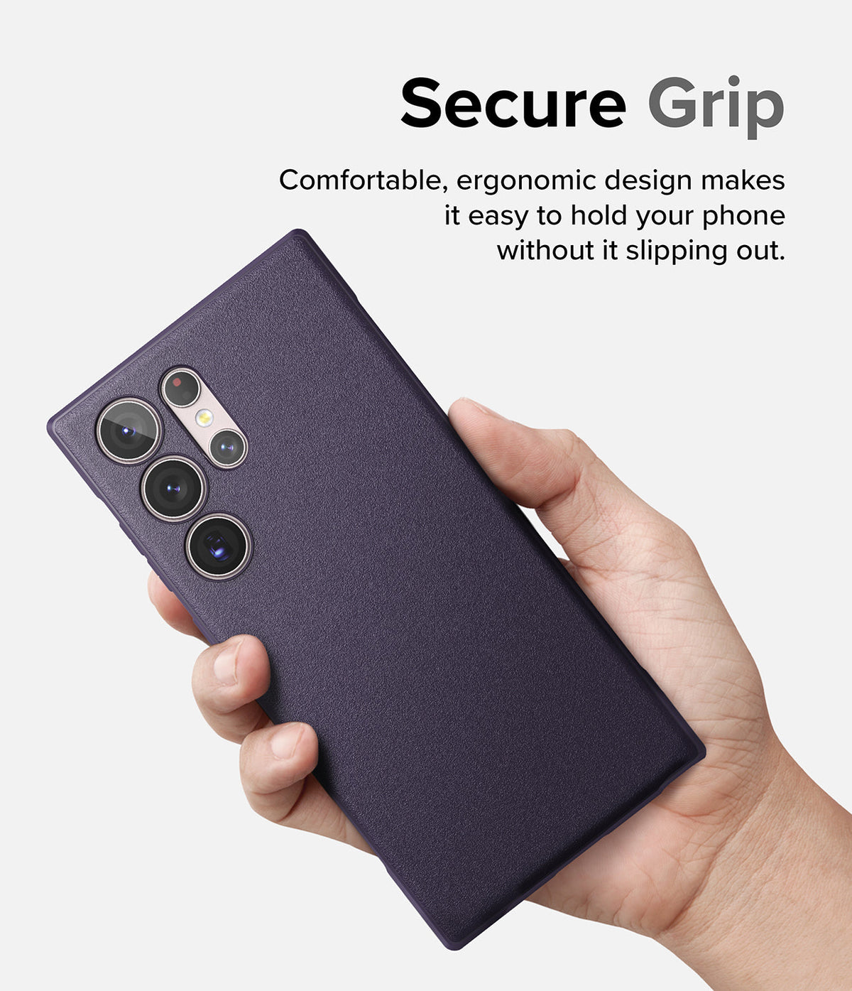 Galaxy S23 Ultra Case | Onyx - Hand holding a textured dark purple phone case with a multi-lens camera cutout.