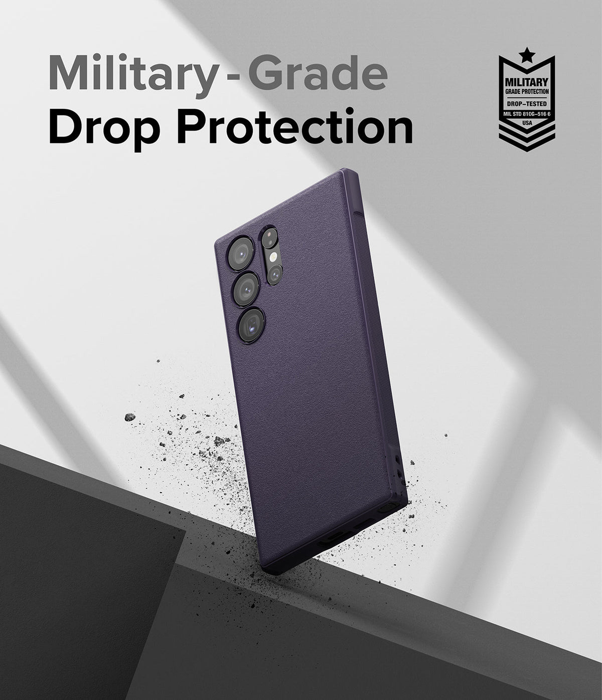 Galaxy S23 Ultra Case | Onyx - Dark purple phone case with military-grade drop protection badge on a light background.