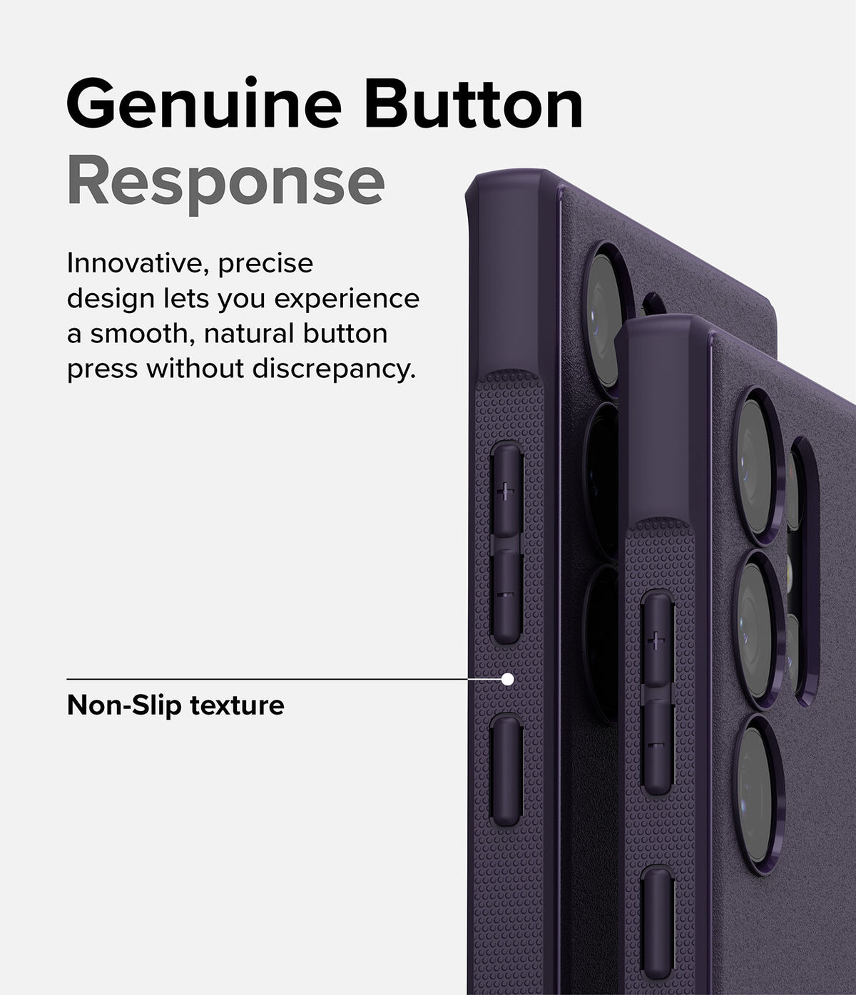 Galaxy S23 Ultra Case | Onyx - Close-up of a dark purple phone case highlighting tactile buttons and a textured non-slip grip.