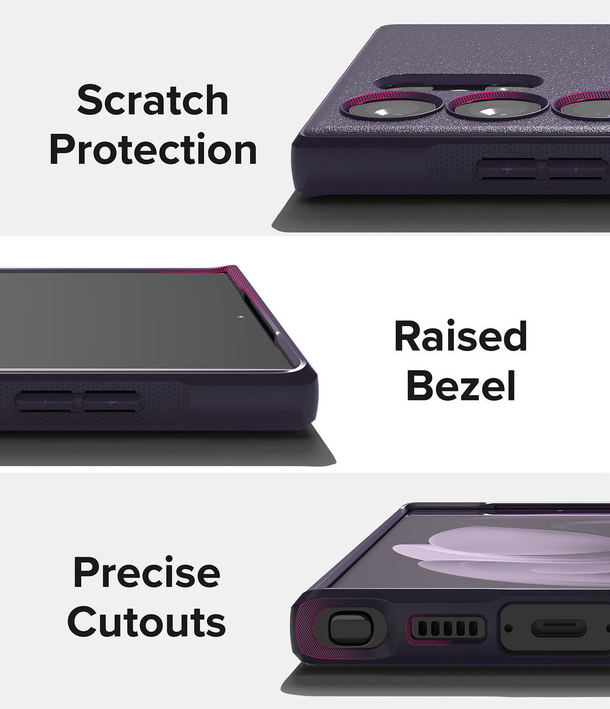 Galaxy S23 Ultra Case | Onyx - Close-ups showing scratch protection, raised screen bezels, and precise port cutouts.