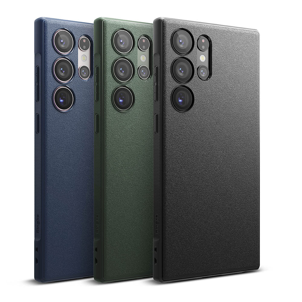 Galaxy S23 Ultra Case | Onyx - Three textured phone cases in navy, olive green, and black standing side-by-side.