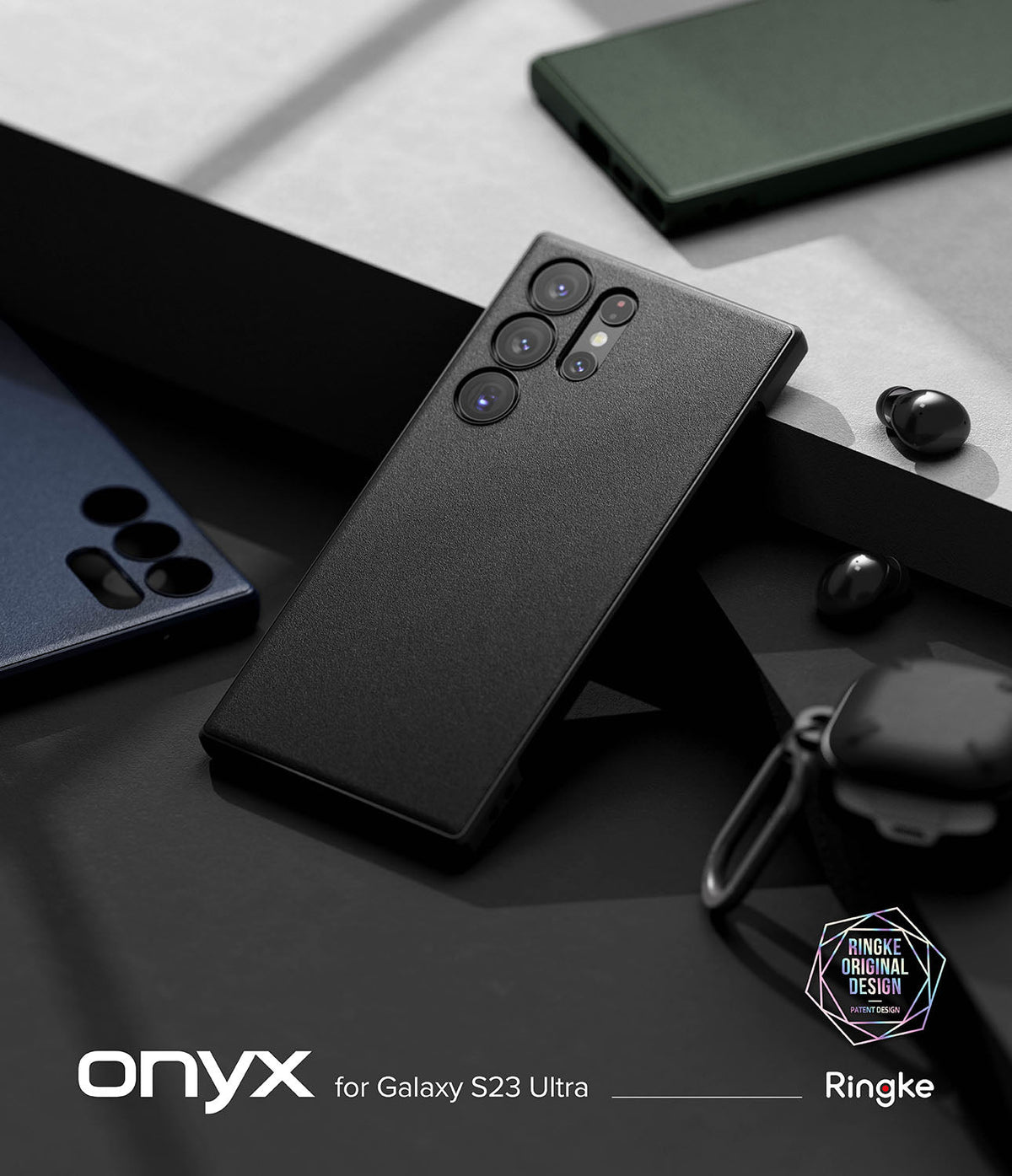Galaxy S23 Ultra Case | Onyx - A textured black phone case on a Galaxy S23 Ultra, angled on a dark, minimalist surface.