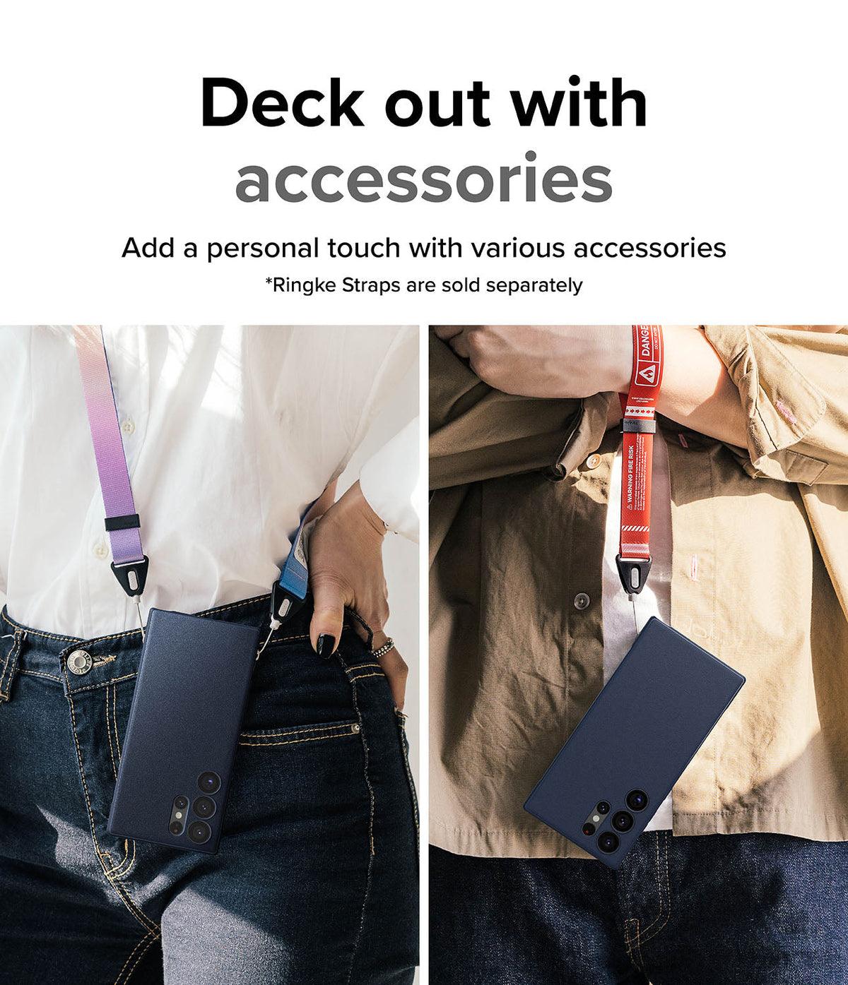 Galaxy S23 Ultra Case | Onyx - Two people wearing Onyx phone cases with colorful, branded neck straps attached.