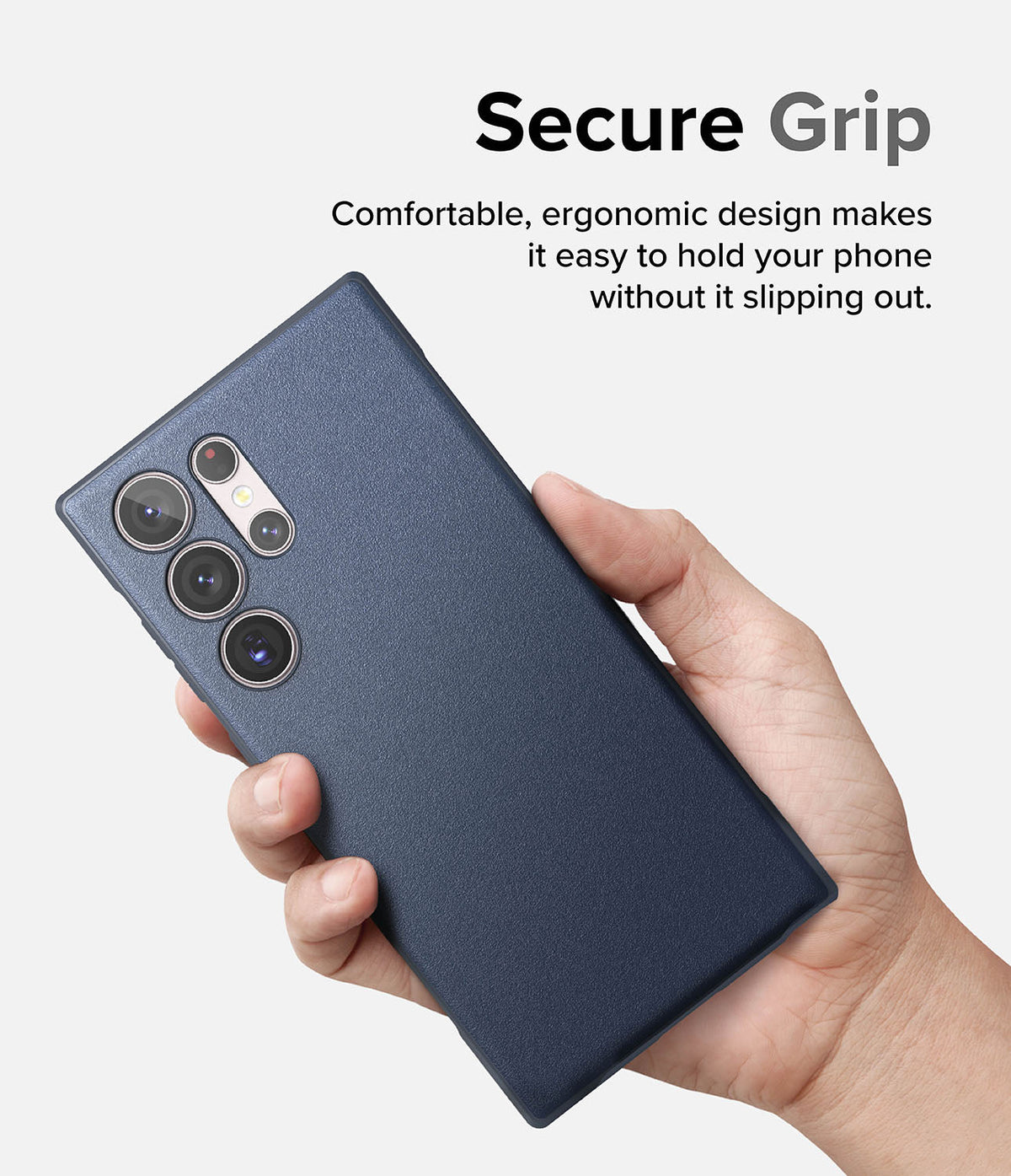 Galaxy S23 Ultra Case | Onyx - Hand holding a textured dark blue phone case with visible camera lenses.