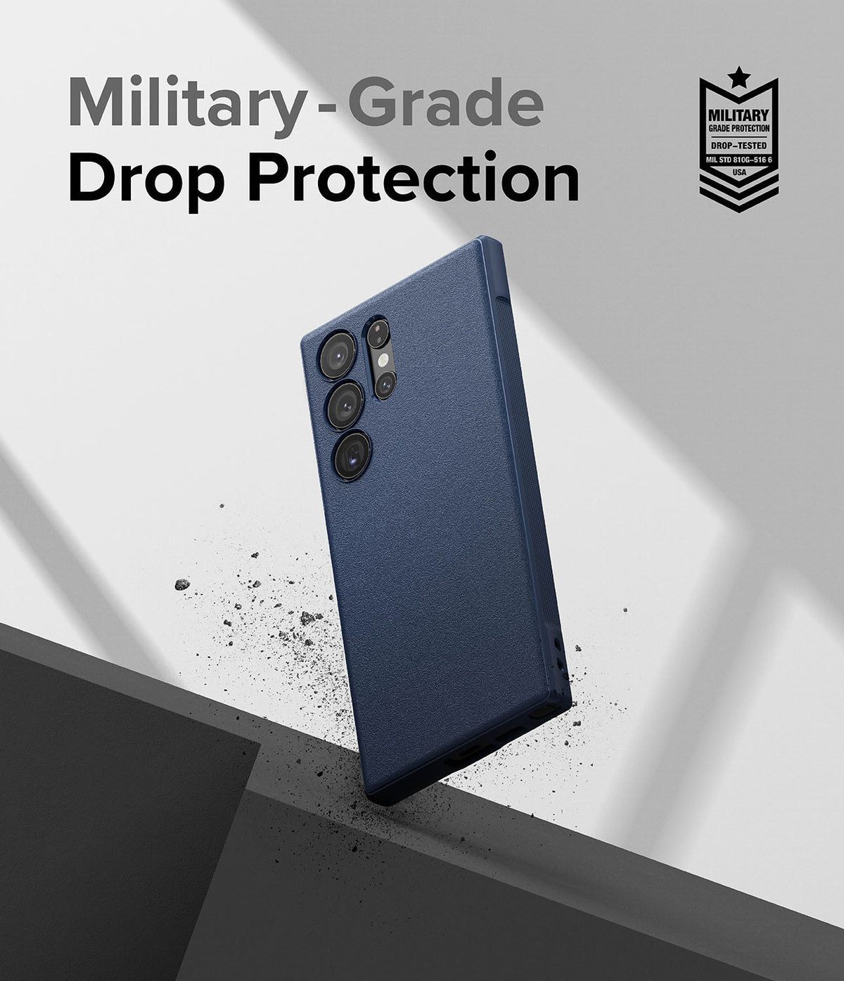 Galaxy S23 Ultra Case | Onyx - Navy textured phone case floating against a white background with military-grade protection text.