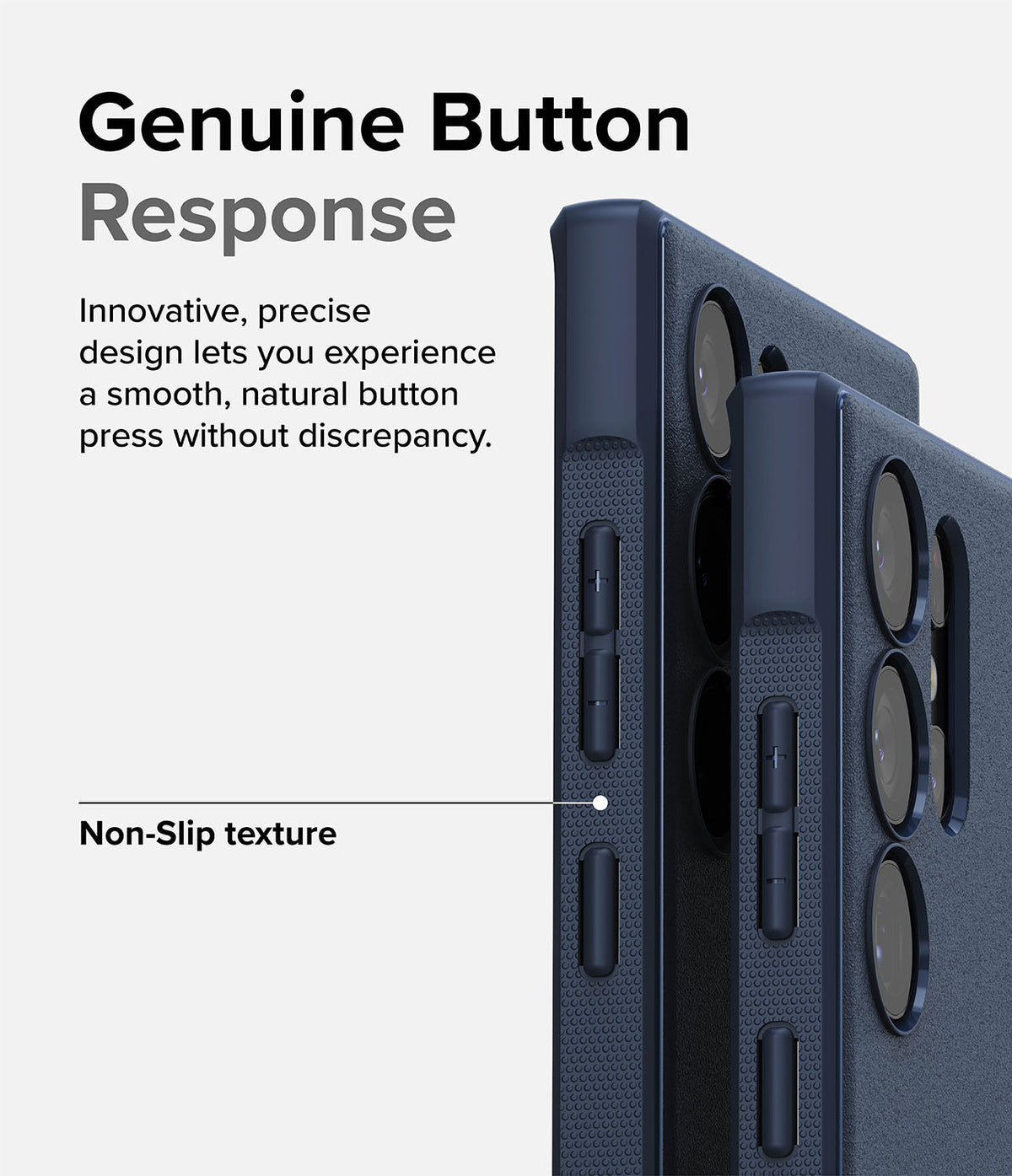 Galaxy S23 Ultra Case | Onyx - Close-up of phone case buttons and textured side grip with descriptive text overlay.