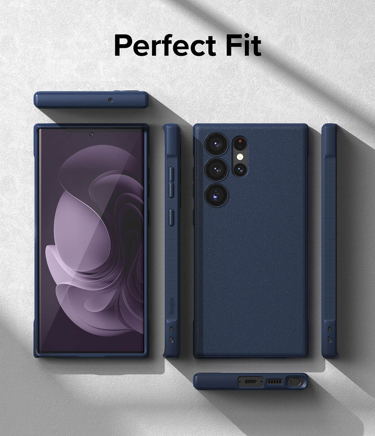 Galaxy S23 Ultra Case | Onyx - Navy blue phone case shown from front, back, and side angles on a textured gray background.