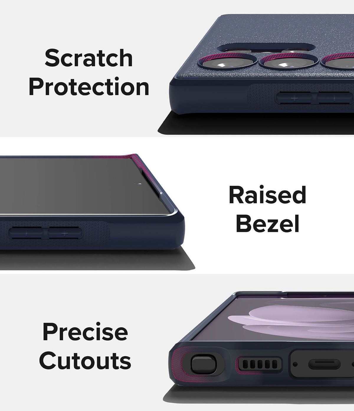 Galaxy S23 Ultra Case | Onyx - Close-ups showing scratch protection, raised screen bezels, and precise port cutouts.