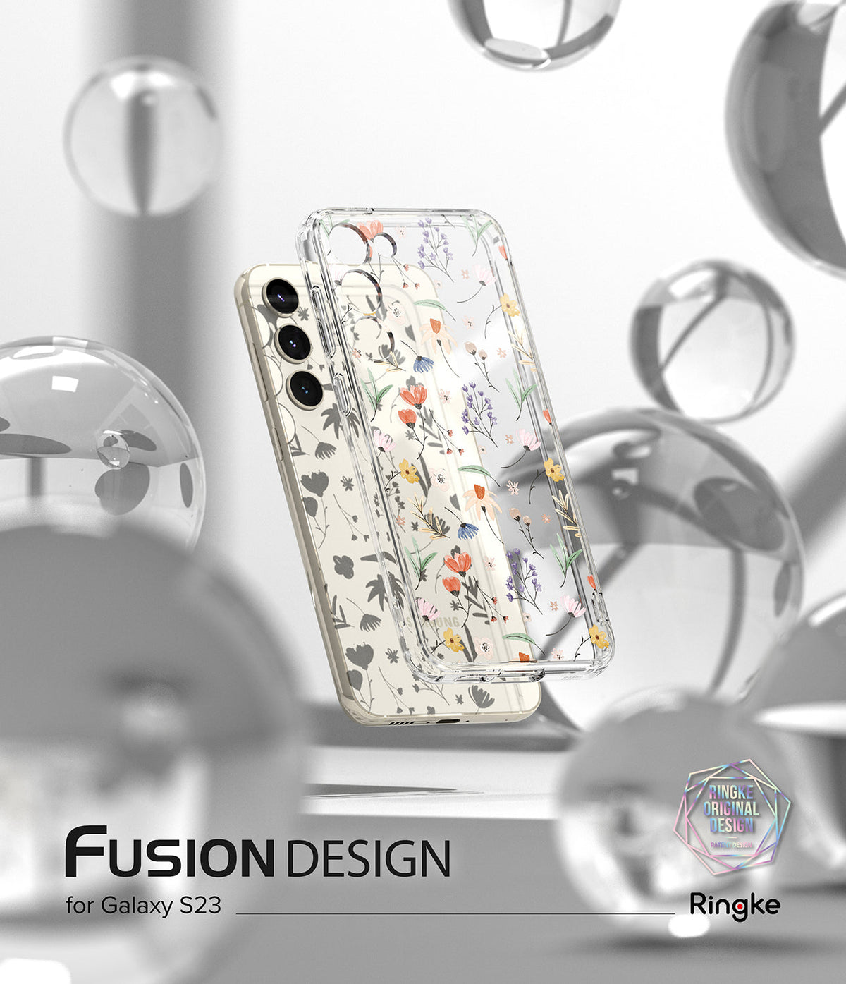 Galaxy S23 Case | Fusion Design - Clear phone case with colorful floral pattern floating amidst glass spheres.