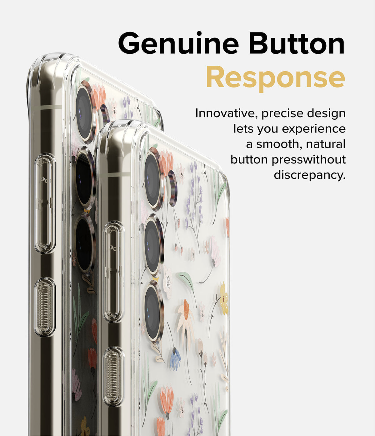 Galaxy S23 Case | Fusion Design - Two clear floral phone cases stacked, highlighting precise side buttons and camera cutouts.