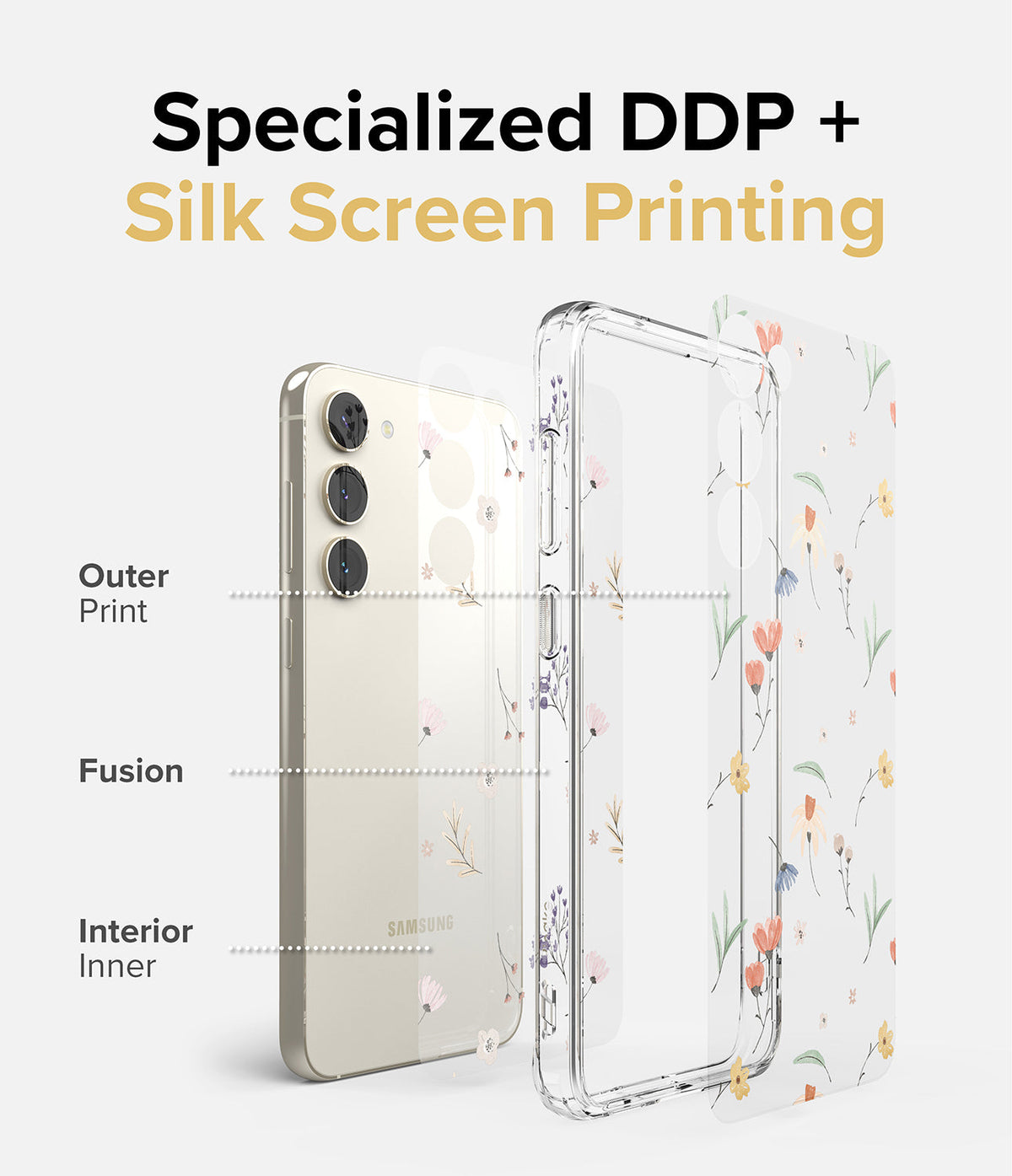 Galaxy S23 Case | Fusion Design - Exploded view of a floral phone case showing outer print, fusion layer, and inner print.
