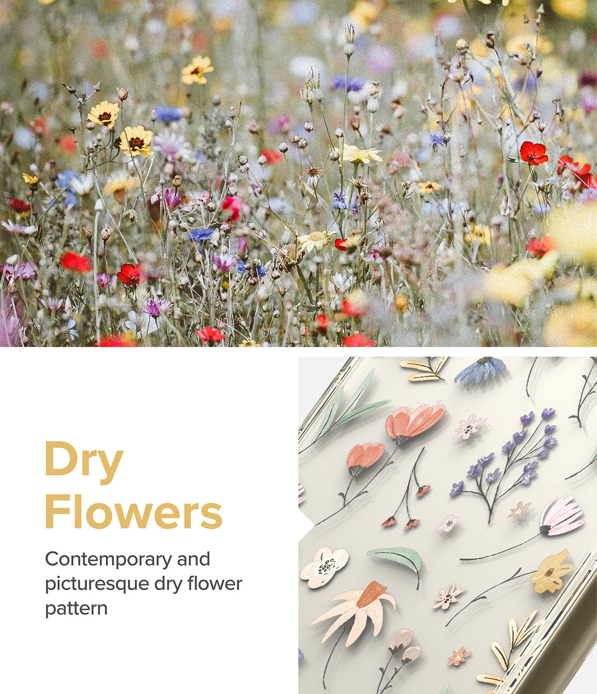 Galaxy S23 Case | Fusion Design - A field of colorful wildflowers above a clear phone case with a delicate dry flower pattern.
