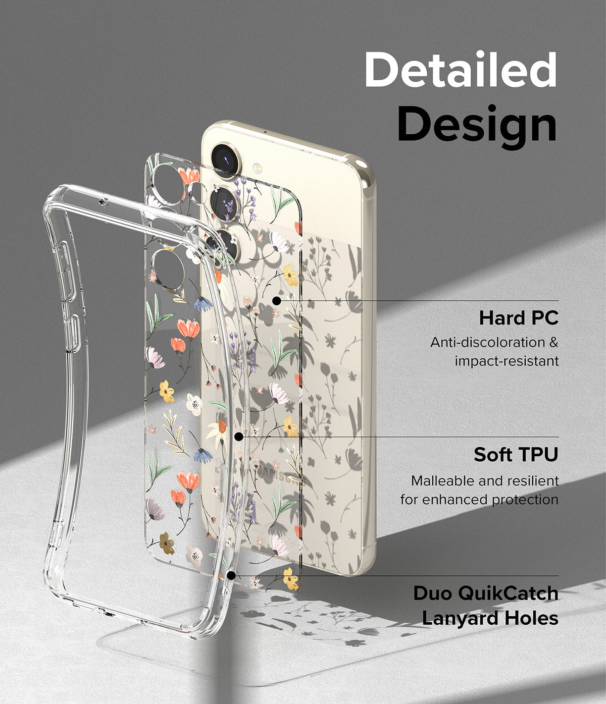 Galaxy S23 Case | Fusion Design - Exploded view of a floral phone case showing hard PC, soft TPU, and lanyard holes.