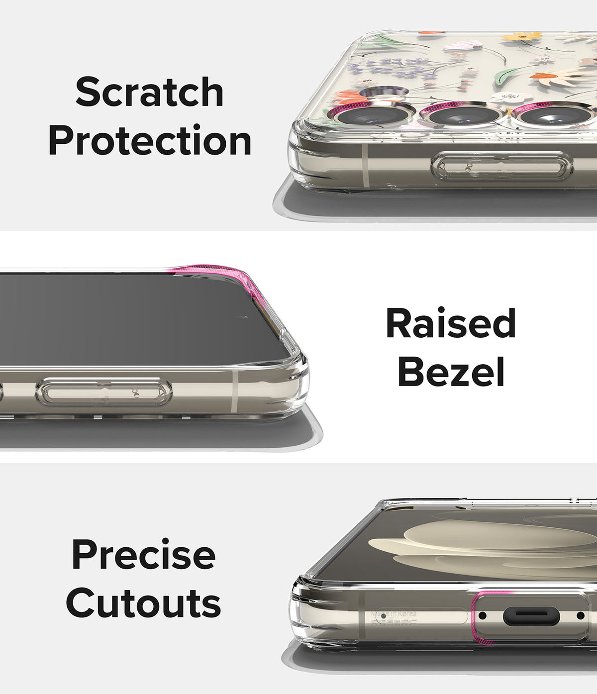 Galaxy S23 Case | Fusion Design - Three close-up views of a clear phone case highlighting scratch protection, raised bezels, and precise cutouts.