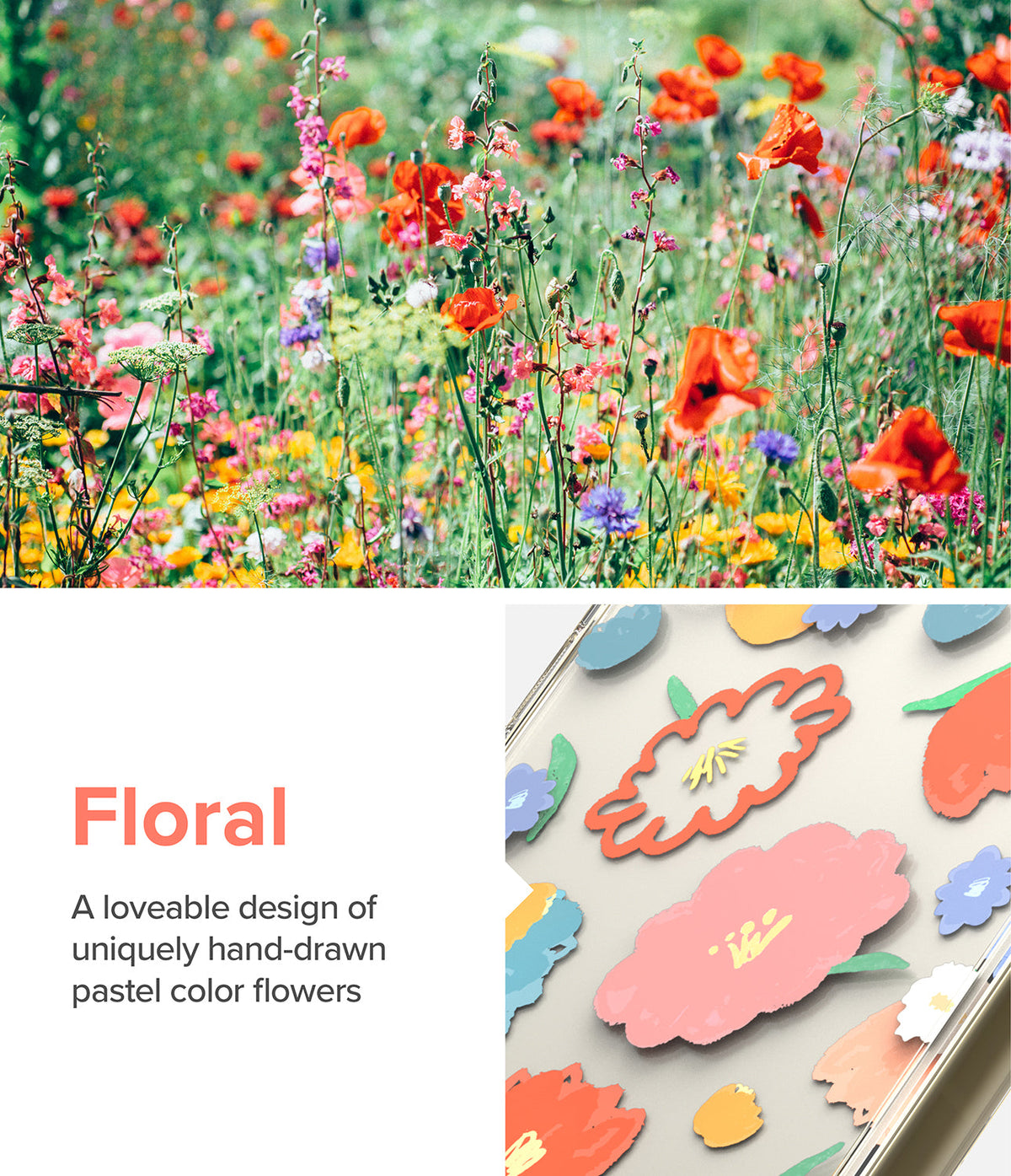 Galaxy S23 Case | Fusion Design - Vibrant wildflower meadow above a phone case featuring hand-drawn pastel floral patterns.