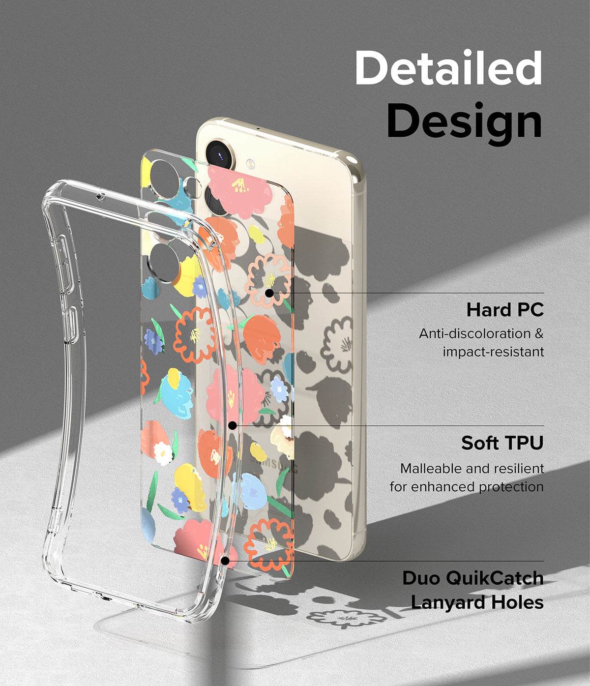 Galaxy S23 Case | Fusion Design - Exploded view of a floral phone case showing hard PC, soft TPU, and lanyard hole features.
