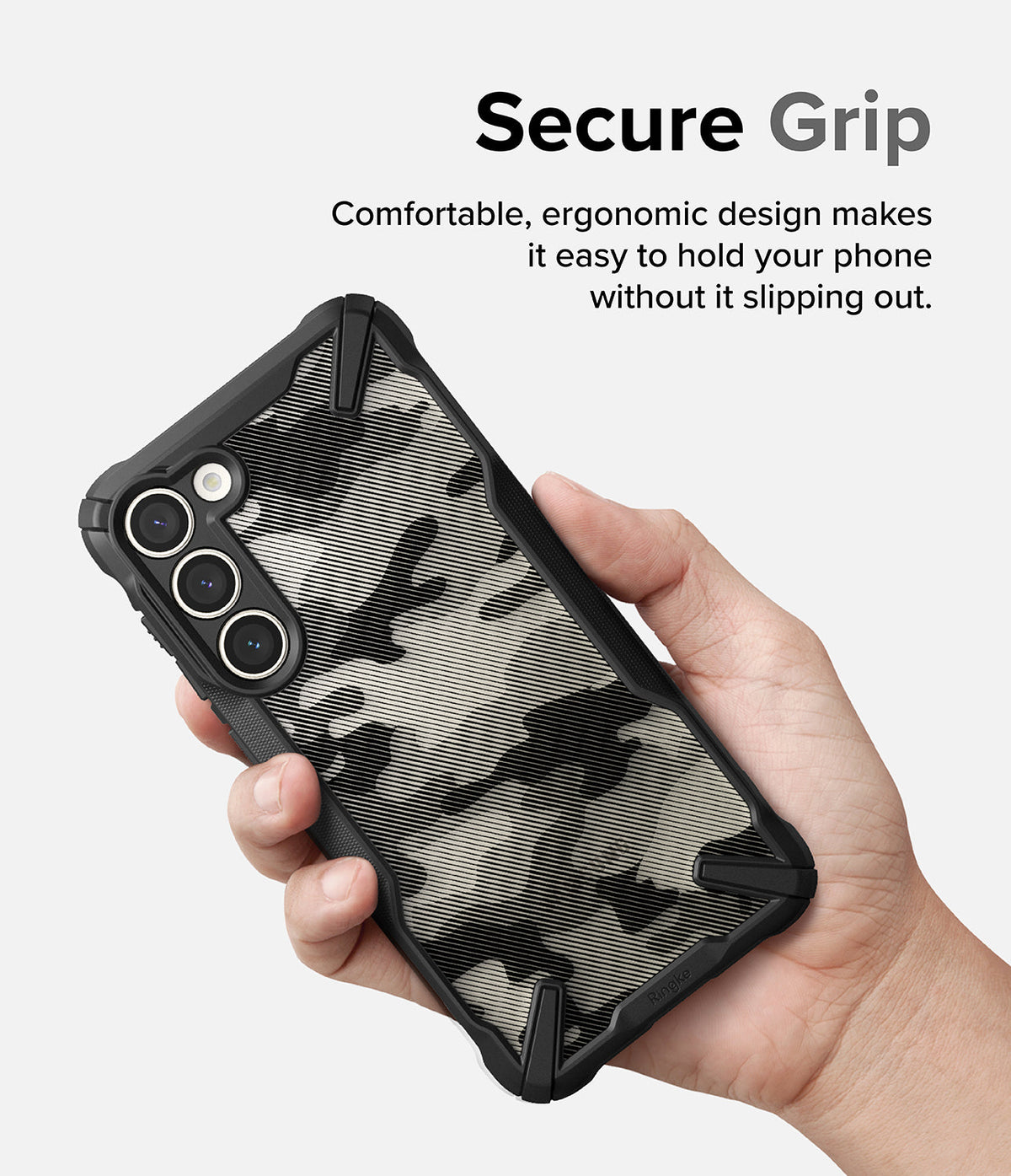 Galaxy S23 Case | Fusion-X - Hand holding a Galaxy S23 with a black and white camouflage Fusion-X case featuring a secure grip.