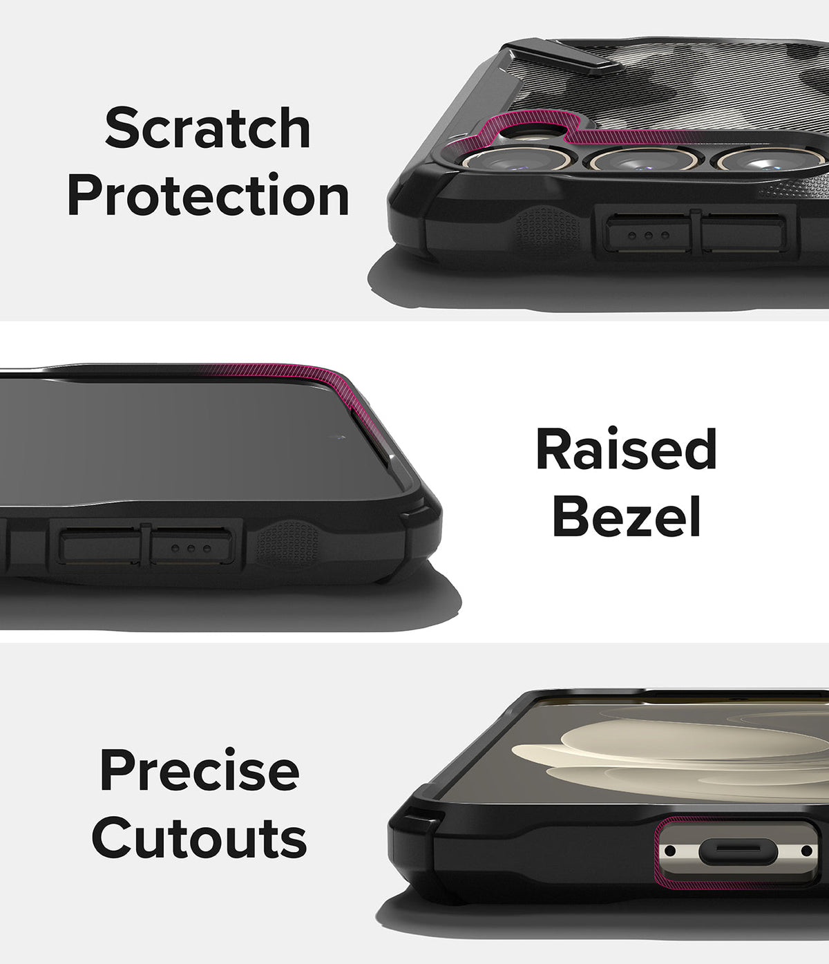 Galaxy S23 Case | Fusion-X - Three close-ups showing camera scratch protection, raised screen bezels, and precise port cutouts.