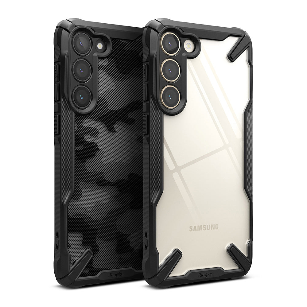 Galaxy S23 Case | Fusion-X - Two Galaxy S23 phones in black rugged cases with clear and camo back panels on a white background.