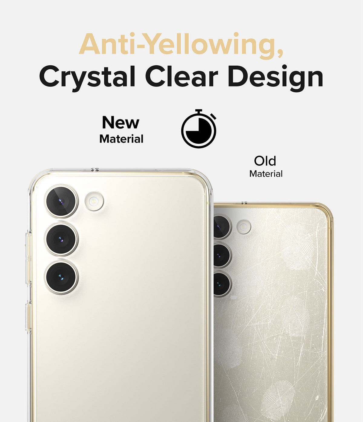 Galaxy S23 Case | Fusion - Comparison of a clear, pristine phone case versus an old, yellowed, and scratched case.