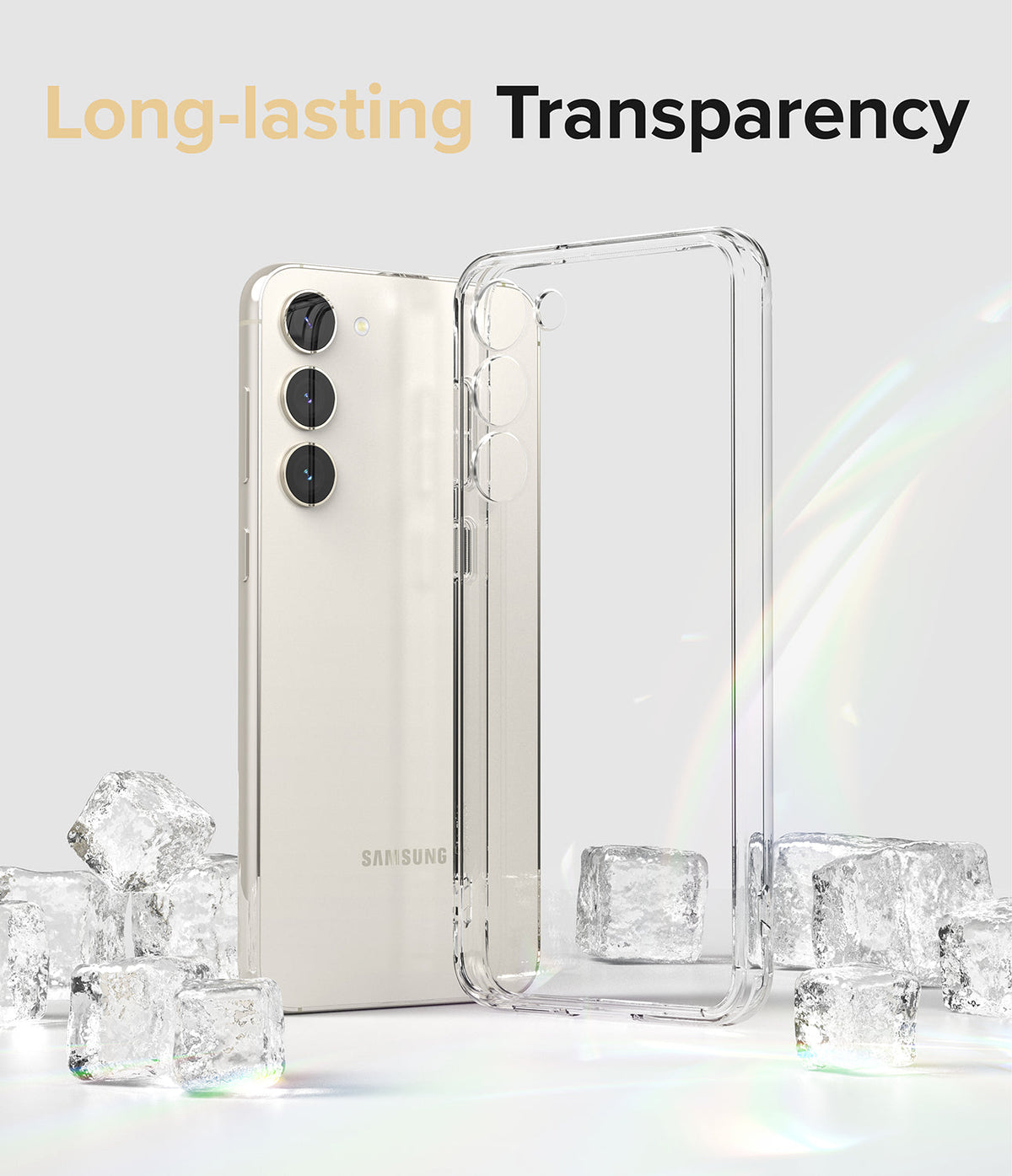 Galaxy S23 Case | Fusion - A clear phone case standing next to a white Samsung Galaxy S23 surrounded by ice cubes.