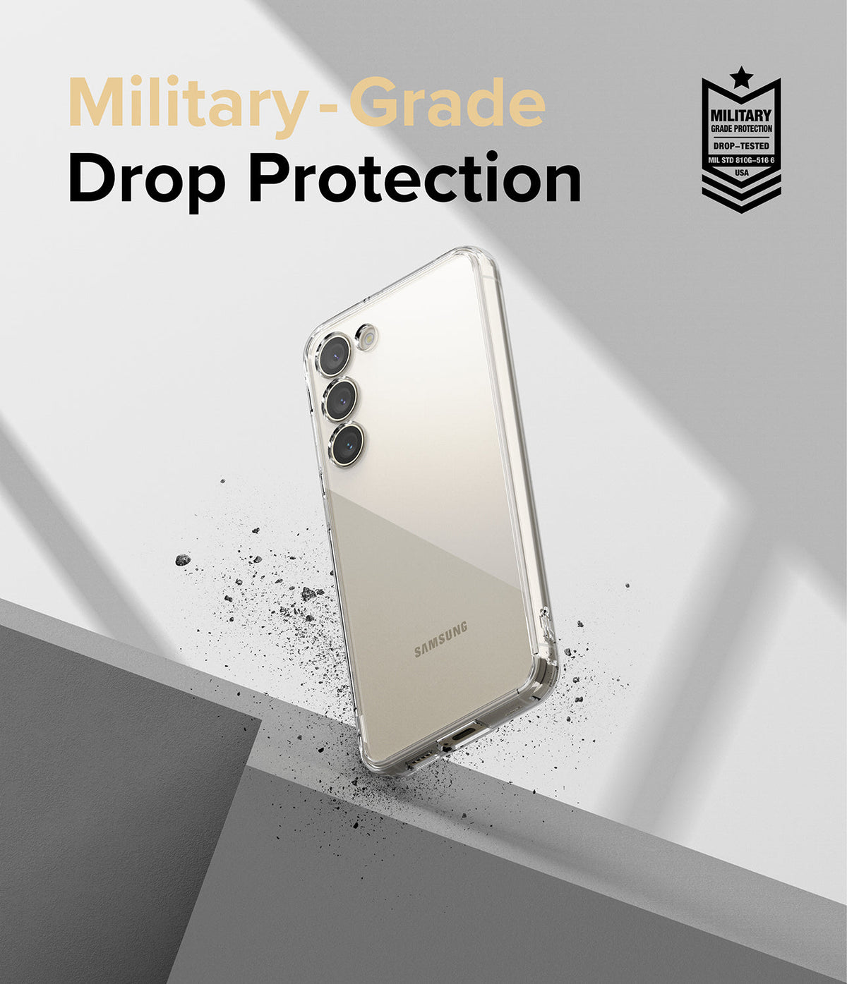 Galaxy S23 Case | Fusion - Clear phone case on a Galaxy S23 with military-grade drop protection text and badge.