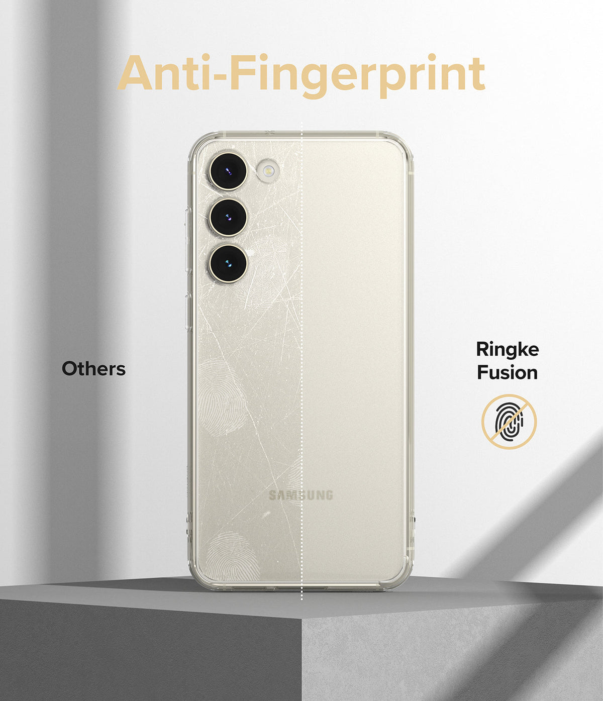 Galaxy S23 Case | Fusion - Comparison showing a scratched, smudged phone case versus a clean Ringke Fusion case.