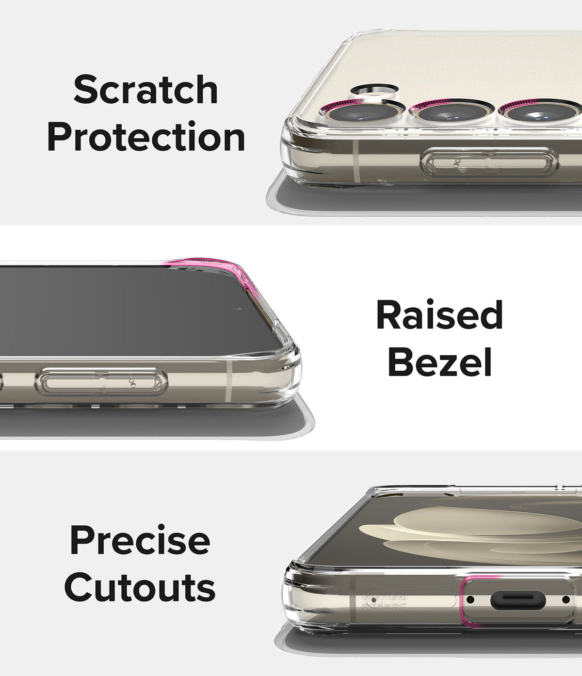 Galaxy S23 Case | Fusion - Close-ups of a clear phone case highlighting camera scratch protection, raised screen bezels, and port cutouts.