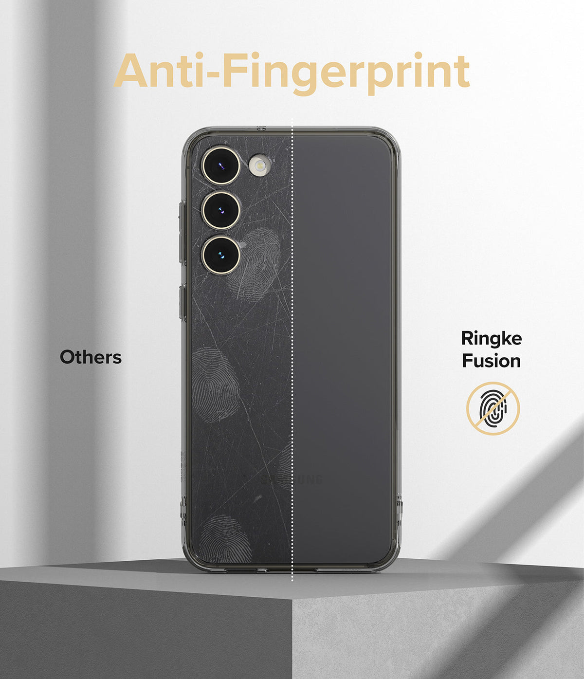 Galaxy S23 Case | Fusion - Comparison showing a smudged phone back versus a clean Ringke Fusion case surface.