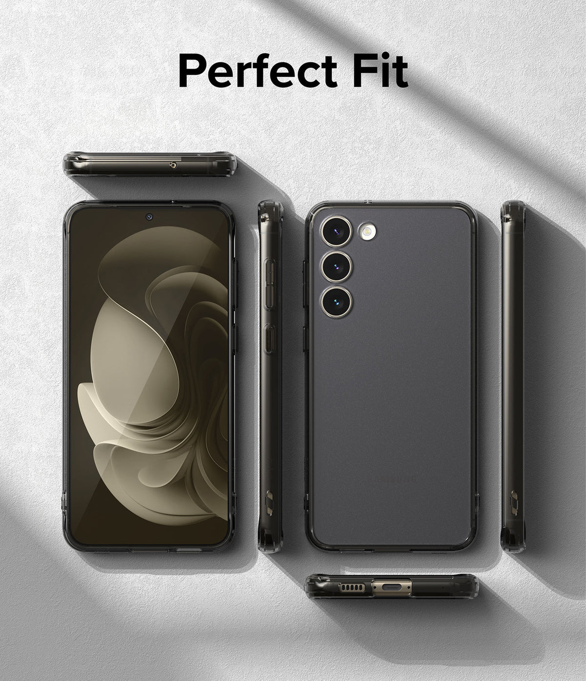Galaxy S23 Case | Fusion - Multiple views of a Galaxy S23 in a clear protective case on a textured gray background.
