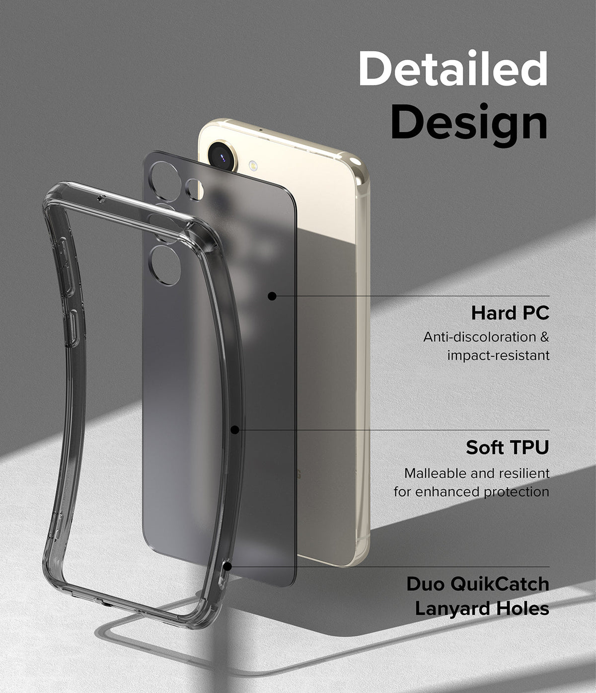 Galaxy S23 Case | Fusion - Exploded view of a phone case showing hard PC back, soft TPU frame, and lanyard holes.