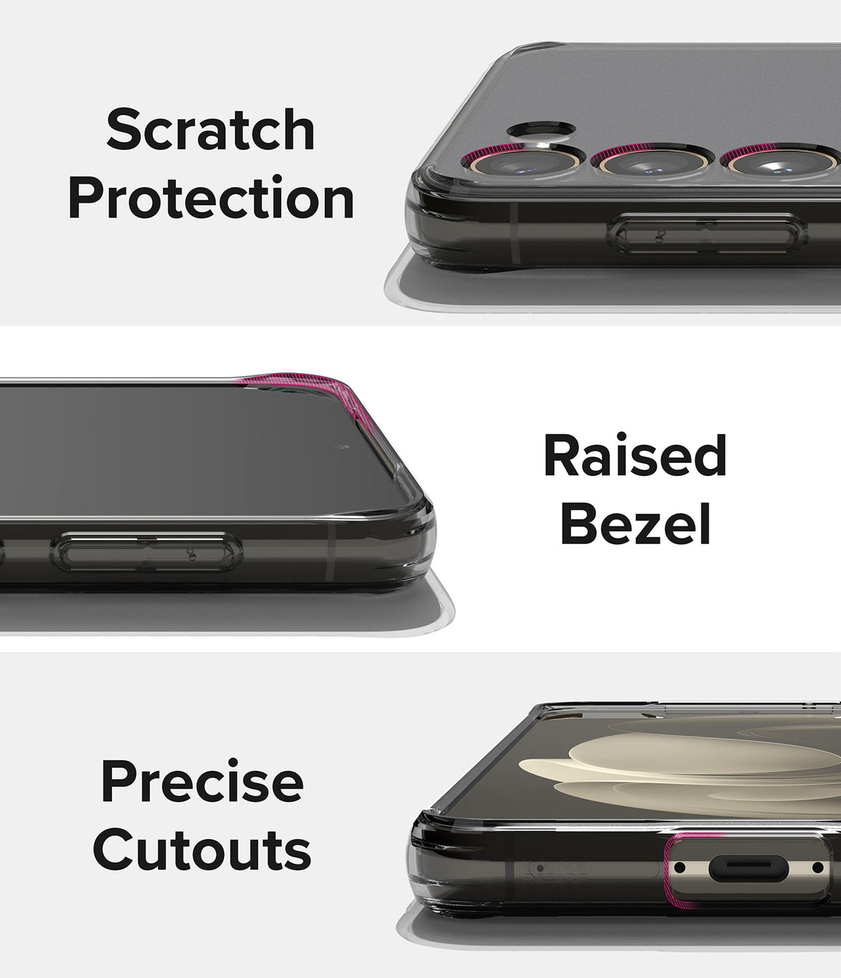 Galaxy S23 Case | Fusion - Three close-up views showing scratch protection, raised bezels, and precise port cutouts.