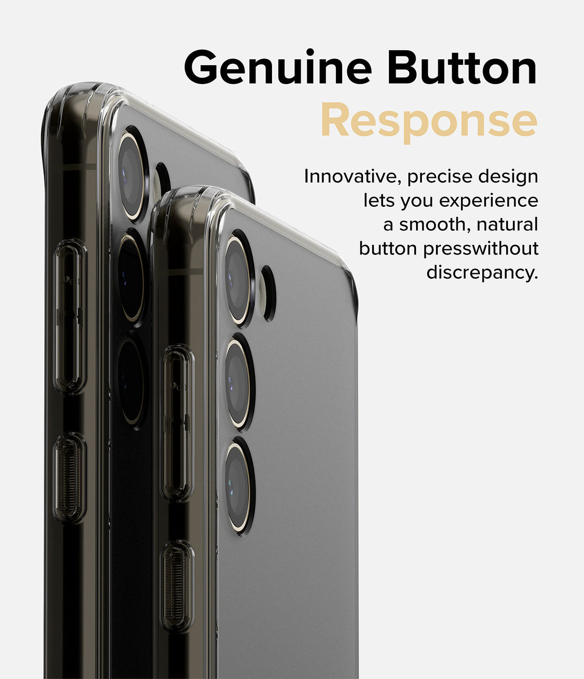 Galaxy S23 Case | Fusion - Two smartphones in clear cases showing side buttons and camera lenses with text overlay.